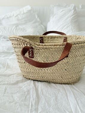 Woven Straw Tote with Brown Leather Handles